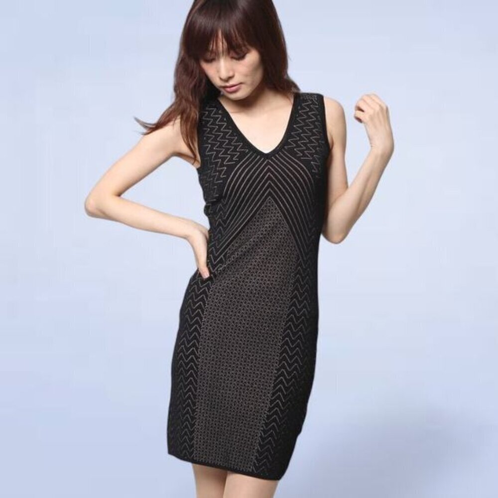 Guess Delilah Pointelle Knit Bodycon Black Dress with Strappy Back - Size Medium